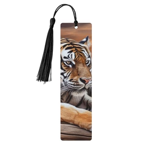 Tiger liegend auf Holz Holz-Lesezeichen Handwerk DIY Holz-Lesezeichen mit Quaste handgefertigte Lesezeichen für Buchliebhaber, Seitenmarkierungen, Lesegeschenke für Geburtstag, Hochzeit, Party von FHEBNDS