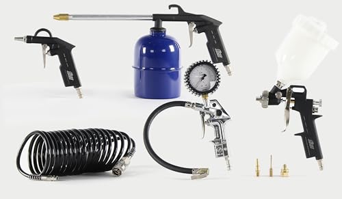 FIAC 8-teiliges Kompressor Zubehörset mit Professioneller EWG-zugelassener Reifenpumpe mit Manometer, Blaspistole, Airbrush, Waschpistole, 5m Schlauch, 3 Schlauchtüllen, Max. 8 Bar, Schwarz. von FIAC