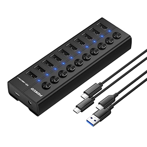 FIDECO 10-Port USB 3.2 Gen 1 Hub mit Netzteil 48W, USB Verteiler, Aluminium USB Hub mit Separatem EIN/AUS-Schalter, USB Mehrfach Ports mit USB-C-zu-C-Kabel und USB-A-zu-C-Kabel und 12V 4A Netzteil von FIDECO