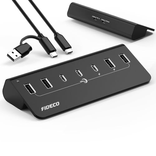 USB-Hub mit Netzteil, 7 Port USB 3.2 Gen 2, 10 Gbit/s Schneller Datenhub, Vollaluminium-USB-Verlängerungssplitter mit 5V 3A Netzteil, 4 USB-A-Ports und 3 USB-C-Ports, Unterstützt BC1.2-Aufladung von FIDECO