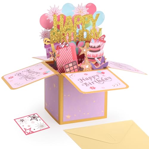 Geburtstagskarten,Pop Up Karte Geburtstag Inklusive Klassischem Umschlag und Notizzettel,3D-Geburtstagskarten für Mädchen, Jungen, Familie oder Freunde(Rosa) von FIDWALL