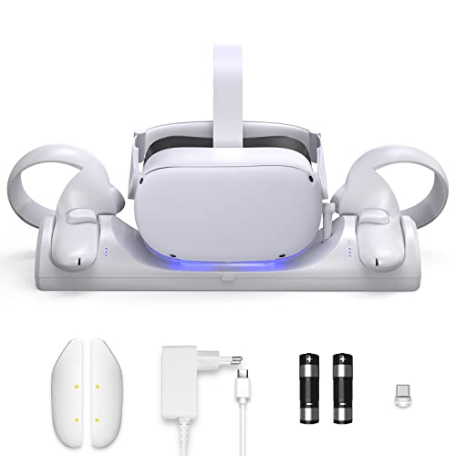FIEHDUW Quest 2 Charging Dock, Magnetische Ladestation für Oculus/Meta Quest 2 VR-Headset und Touch-Controller, VR-Ladestation mit LED-Anzeige, 2 wiederaufladbare Batterien und USB-C-Ladegerät von FIEHDUW
