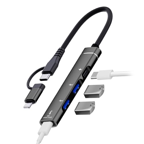 FIEWESEY 4-in-1 USB-C-Multiport-Hub-Adapter, mit 1 USB 3.0, 2 USB 2.0 und Schnellladeanschluss für iPhone/iPad, kompatibel mit USB-Mikrofonen/USB-Flash-Laufwerk/Tastatur/Maus (schwarz) von FIEWESEY