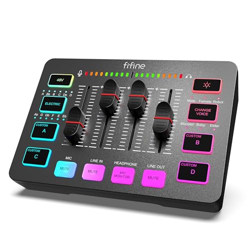 FIFINE Gaming Audio Mixer, Streaming RGB PC Mixer mit XLR Mikrofon Interface, individuelle Steuerung, Lautstärkeregler, Stummschaltungstaste, 48V Phantomspeisung, für Podcast, Aufnahme, Gesang von FIFINE