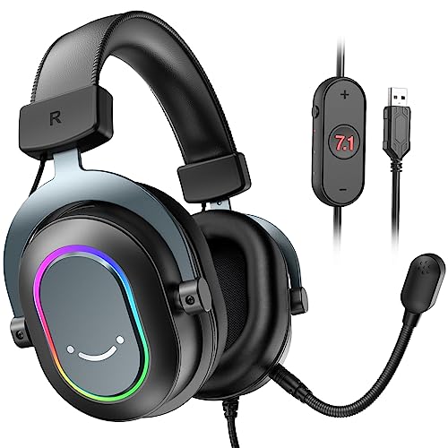FIFINE Gaming Headset mit Mikrofon, Over Ear Kopfhörer mit Kabel, USB Headset für PC PS4 PS5, RGB Headphone mit 3 EQ-Modi, Surround Sound und Ohrpolster von FIFINE