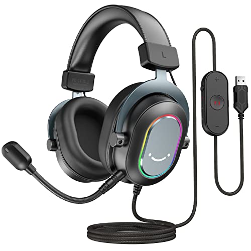 FIFINE Gaming Headset mit Mikrofon, Over Ear Kopfhörer mit Kabel, USB Headset für PC PS4 PS5, RGB Headphone mit 3 EQ-Modi, Surround Sound und Ohrpolster von FIFINE