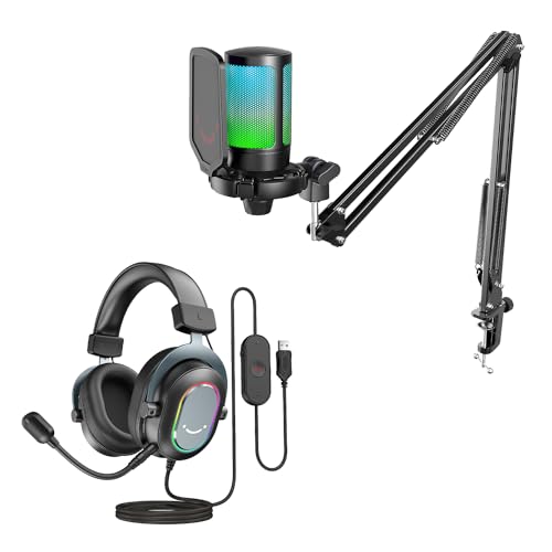 FIFINE Gaming Mikrofon PC mit Arm und Gaming Headset, USB Microphone Kit und Over Ear Kopfhörer mit Kabel, für Podcast Streaming Studio MacOS Windows PS4 PS5 (A6T+H6) von FIFINE