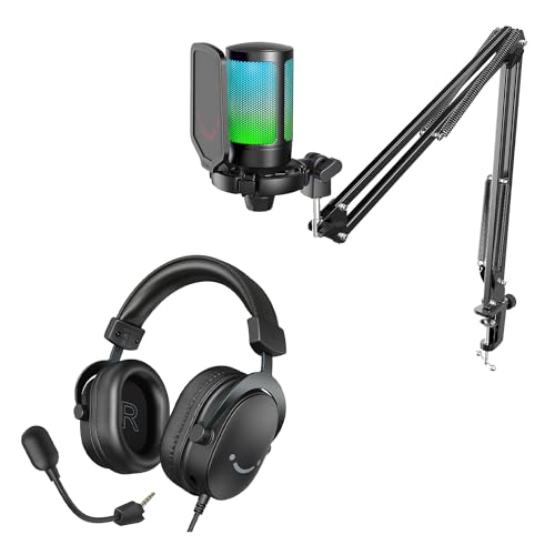 FIFINE Gaming Mikrofon PC mit Arm und Gaming Headset, USB Microphone Kit und Over Ear Kopfhörer mit Kabel, für Podcast Streaming Studio MacOS Windows PS4 PS5 Xbox Switch (A6T+H9) von FIFINE