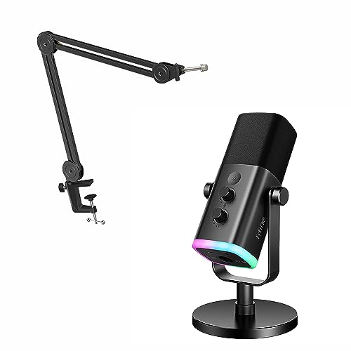 FIFINE XLR/USB Mikrofon und Heavy Duty Auslegerarm, Computer Aufnahme Gaming Mikrofon mit Stummschaltungstaste, RGB, Auslegerständer für YouTube Podcasting Konferenz (AM8+BM63) von FIFINE