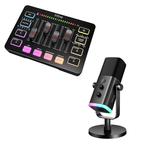 FIFINE XLR Streaming Mikrofon AM8 und Gaming Audio Mixer SC3, USB Dynamisch Microphone Gaming PC für Podcast Studio, Streaming RGB PC Mixer mit XLR Mikrofon Interface von FIFINE