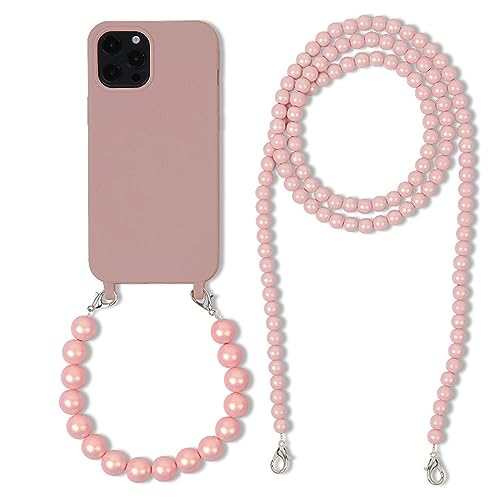 FIFTHAVE Chain Perlen Handykette Handyhülle für iPhone 13 pro mit Perle Armband,Necklace Hülle mit Kordel Schutzhülle Lanyard Case Pearl Stoßfeste TPU Cover für iPhone 13 pro 6.1'',Dunkelrosa von FIFTHAVE