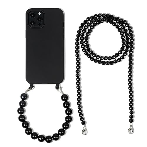 FIFTHAVE Chain Perlen Handykette Handyhülle iPhone 15 pro max mit Perle Armband,Necklace Hülle mit Kordel Schutzhülle Lanyard Case Pearl Stoßfeste TPU Cover für iPhone 15 pro max 6.7'',Schwarz von FIFTHAVE