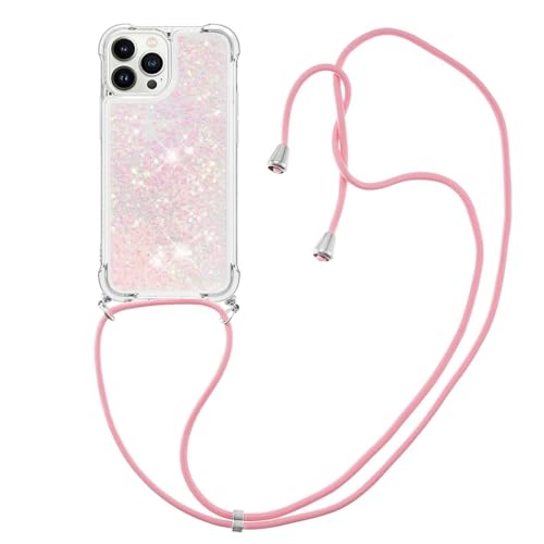 FIFTHAVE Handykette Handyhülle iPhone 13 mini Glitzer Hülle mit Band 5.4'' Treibsand Necklace Hülle mit Kette Schutzhülle Silikon Transparent Case TPU Bumper Cover für iPhone 13 mini Hellrosa von FIFTHAVE
