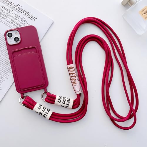 FIFTHAVE Handykette Handyhülle iPhone 14 pro max Necklace Hülle mit Band Schutzhülle mit Kartenfach iPhone 14 pro max Kordel zum Umhängen Weich TPU Silikon Bumper Case Schnur Cover 6.7'' Burgunderrot von FIFTHAVE