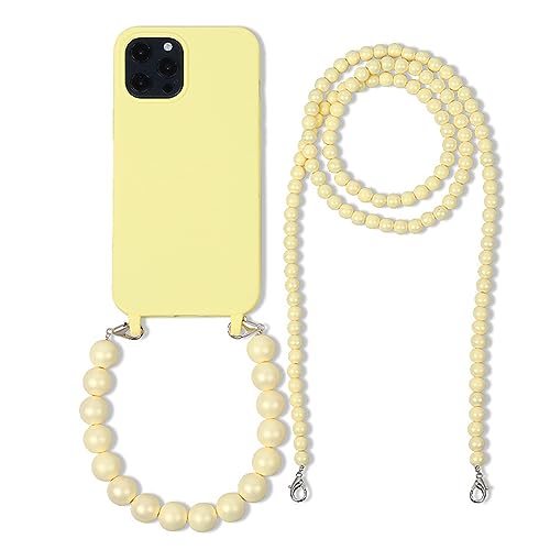 FIFTHAVE Handykette Handyhülle iPhone 15 pro mit Perlen Armband Necklace Hülle mit Band,Chain Pearl TPU Schutzhülle für iPhone 15 pro 6.1''Silikon Case Kordel Lanyard Bumper,Gelb von FIFTHAVE