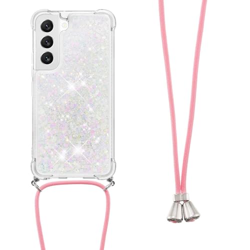 FIFTHAVE Handykette Samsung Galaxy S22 Glitzer Hülle mit Band Necklace Handyhülle Samsung S22 Treibsand Silikon Schutzhülle Transparent Quicksand Case Cover TPU Bumper 6.1 Zoll Weiß von FIFTHAVE