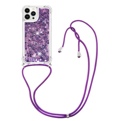 FIFTHAVE Handykette iPhone 13 proTreibsand Hülle Glitzer Necklace Handyhülle mit Band Transparent Quicksand Schutzhülle mit Kordel Bumper Case TPU Cover für iPhone 13 pro 6.1'' Violett von FIFTHAVE
