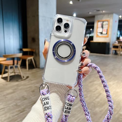 FIFTHAVE Handykette iPhone 15 Glitzer Handyhülle Kompatibel mit MagSafe,Necklace Hülle mit Band Schutzhülle iPhone 15 Transparent Magnetic Silikon Bling Lanyard Case 6.1'' Violett01 von FIFTHAVE