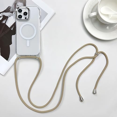 FIFTHAVE Handykette iPhone 15 Magnetisch Hülle mit Band,Necklace Handyhülle Kompatibel mit MagSafe Schutzhülle iPhone 15 Transparent Silikon Case Lanyard Cover 6.1'' Khaki von FIFTHAVE