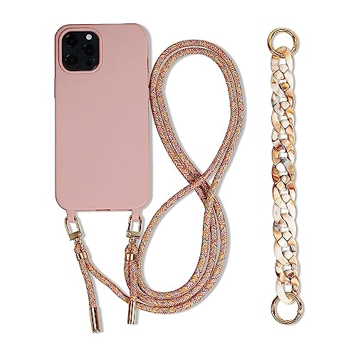 FIFTHAVE Handykette iPhone 15 pro max Hülle mit Armband,Necklace Handyhülle mit Band Schutzhülle Silikon iPhone 15 Pro Max Silikon Case Cover mit Kette Lanyard TPU Stossfest Cover 6.7 Zoll Sandrosa von FIFTHAVE