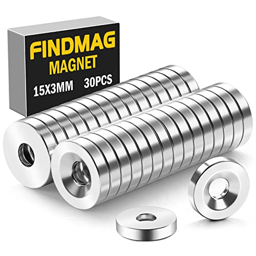 FINDMAG Neodym Magnete Stark, 30 Stück 15 mm x 3 mm Magnete mit Löchern, Kühlschrankmagnete, Magnete für Magnettafel, Magnete für Whiteboard, Kleine Magnete, Magnete für Wand, Bretter, Werkzeuge, DIY von FINDMAG