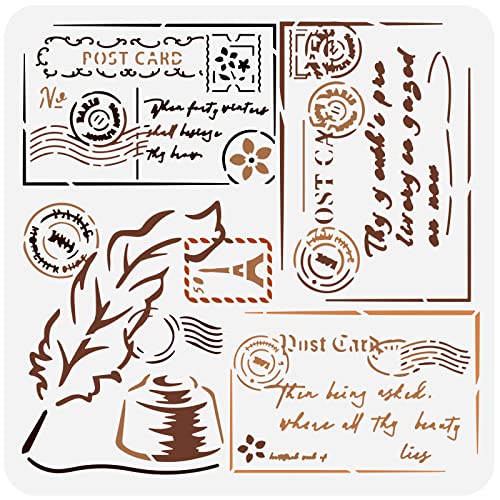 FINGERINSPIRE Postkarten Schablone 30x30cm Französische Schrift Schablone Kunststoff Feder Tintenfass Umschlag Poststempel Muster Schablone Französisches Thema für Malerei auf Wänden Möbel Umschläge von FINGERINSPIRE