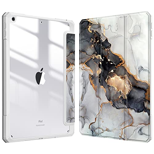 Fintie Schlanke Hybrid-Hülle für iPad 9., 8.und 7. Generation (2021/2020/2019), 26 cm (10,2 Zoll), eingebauter Pen-Halter, stoßfeste Abdeckung mit klarer transparenter Rückschale, Wolken-Marmor von FINTIE