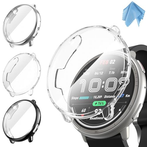 Fintie Schutzhülle kompatibel mit Amazfit Active 2, [3 Stück] Weiche TPU Displayschutz Schutz Gehäuse Abdeckung, 1 Schwarz + 1 Klar + 1 Silber von FINTIE