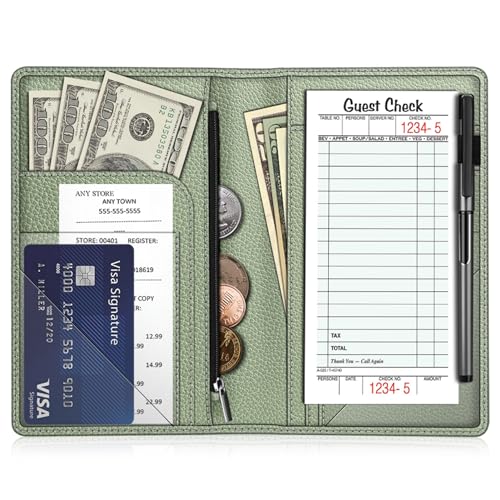 Fintie Serverbuch-Organizer mit Reißverschlusstasche, PU-Leder, für Restaurant, Gäste, Scheck, Kartenhalter für Kellnerin, Kellner, Barkeeper, Salbeigrün von FINTIE
