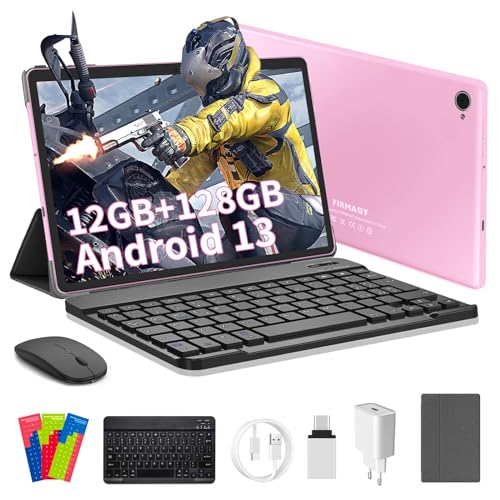 FIRMAST Tablet 10 Zoll mit Tastatur Android 13, 12 GB RAM +128 GB ROM/TF 1 TB, Octa-core 2.0 Ghz, GMS-Zertifiziert, 1080P FHD, 6000 mAh, Dual-Kamera, WiFi, Bluetooth, Typ-C, Rose von FIRMAST