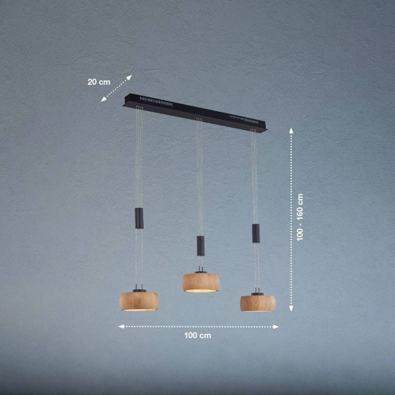 LED-Hängelampe Shine-Wood, Eiche/schwarz Länge 100 cm 3-flg. von FISCHER & HONSEL