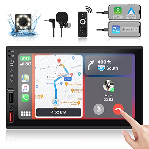 FISHOAKY 7 Zoll Touchscreen Autoradio mit Apple Carplay & Android Auto, Autoradio Bluetoothmit AM/FM-Radioempfänger, 2 Din Radio mit 4 USB-Anschlüsse und 1Typ-c-Anschluss von FISHOAKY