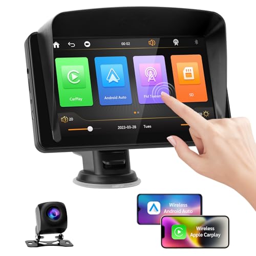 Wireless Apple Carplay & Android Auto, FISHOAKY 7 Zoll Touchscreen Tragbares Autoradio Unterstützt Bluetooth 5.0 mit AM/FM, Multimedia Player mit Rückfahrkamera, Verstellbarer Bügel, AUX Kabel von FISHOAKY