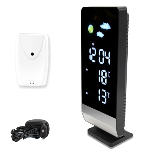 FISHTEC - Funk-Wetterstation – Innen- und Außentemperatur – Digitalanzeige – Multifunktional: Wecker – bunte Piktogramme – Außensensor inklusive – Schwarz von Fishtec
