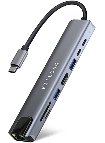 FITLONG 8-in-1 USB C Hub, USB C Adapter Docking Station mit 4K HDMI, LAN Ethernet Port, PD Port, USB-C & 2 USB-A Datenports, SD/TF Kartenleser, für MacBook Air, MacBook Pro, und mehr Typ C Geräten von FITLONG