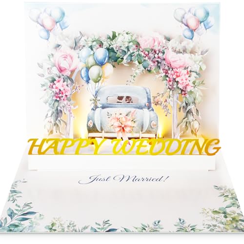 FITMITE 3D Pop-up Hochzeitskarte mit Musik & Licht – Handgemacht mit Auto und Blumenbogen – Ideal als Geschenk zur Hochzeit, Verlobung oder zum Jubiläum. von FITMITE