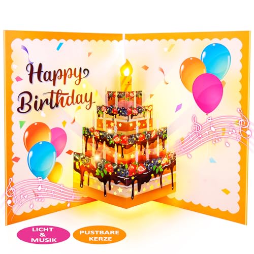 FITMITE Geburtstagskarten, Musikalische Pop-Up-Geburtstagskarten mit Licht, Puste LED-Lichtkerze und Spielen Sie das Happy Birthday-Musik-Pop-Up-Karte,Geburtstagsgeschenke für Frauen Männer von FITMITE