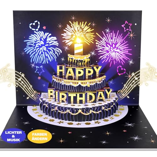 FITMITE Pop-up Geburtstagskarte 3D Geburtstagskarten mit Musik und Licht Happy Birthday Karte Geburtstagsgeschenke für Frauen Männer Freundin(Schwarz-Gold) von FITMITE