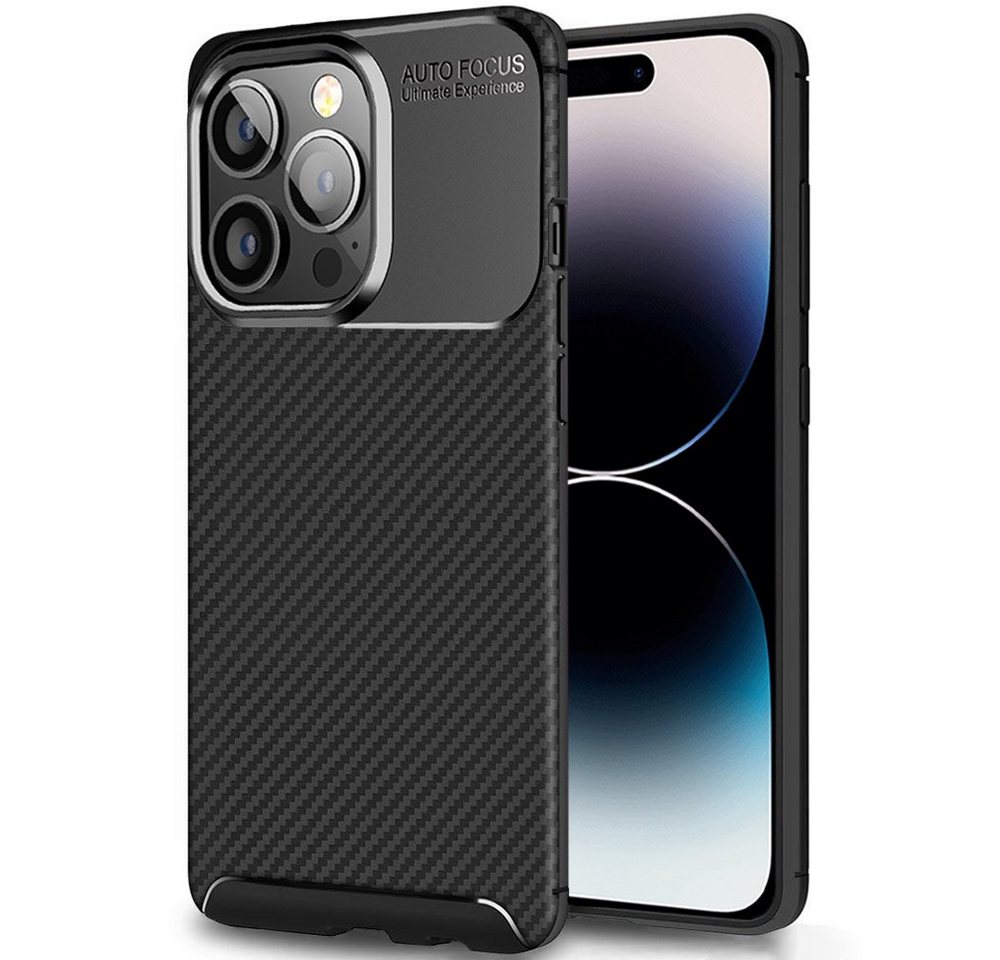 FITSU Handyhülle Handyhülle für iPhone 14 Pro Case im Carbon Design Schwarz, Handyhülle mit Carbon Optik, stabile Schutzhülle, Case mit Eckenschutz von FITSU