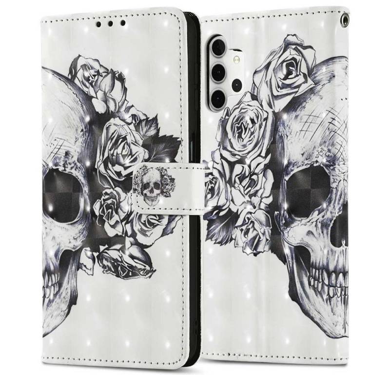 FITSU Handyhülle Handytasche für Samsung Galaxy A32 Hülle Totenkopf Motiv 6,4 Zoll, Flipcase für Samsung A32 Handyhülle, Handytasche mit Kartenfach von FITSU