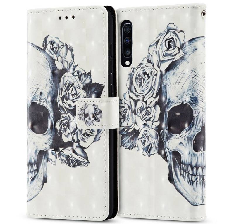 FITSU Handyhülle Handytasche für Samsung Galaxy A70 Hülle Totenkopf Motiv 6,7 Zoll, Flipcase für Samsung A70 Handyhülle, Handytasche mit Kartenfach von FITSU