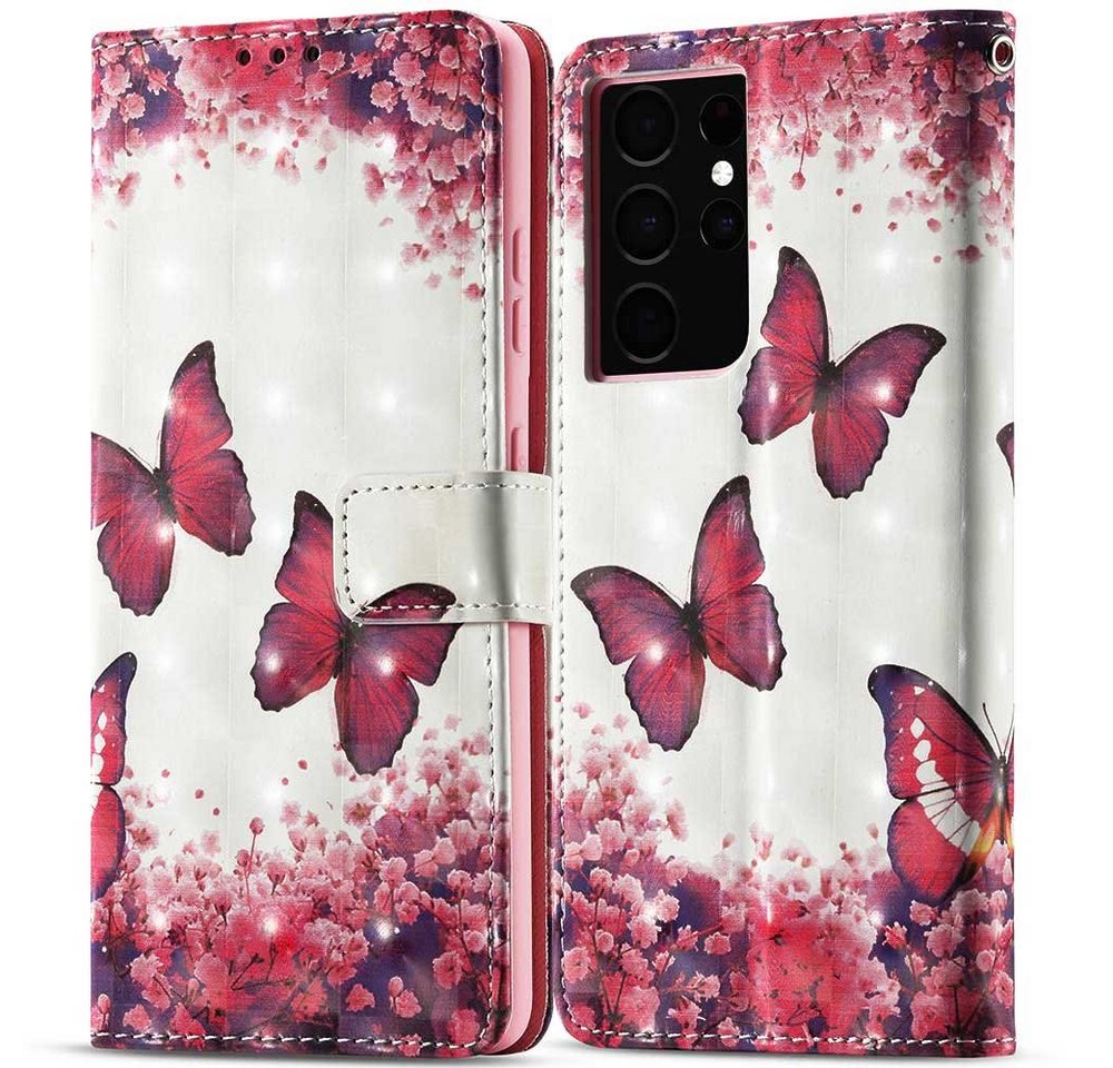 FITSU Handyhülle Handytasche für Samsung Galaxy S21 Ultra Hülle Schmetterling Motiv 6,8 Zoll, Flipcase für Samsung S21 Ultra Handyhülle, Handytasche mit Kartenfach von FITSU