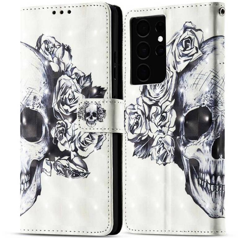 FITSU Handyhülle Handytasche für Samsung Galaxy S21 Ultra Hülle Totenkopf Motiv 6,8 Zoll, Flipcase für Samsung S21 Ultra Handyhülle, Handytasche mit Kartenfach von FITSU