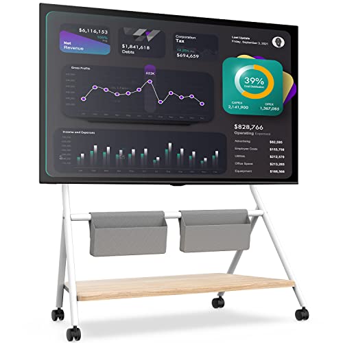 FITUEYES Design Mobiler TV Ständer Rollbar, TV Stand für 65 70 75 80 85 88 Zoll Fernseher bis 55kg, Höhenverstellbar TV Standfuss mit Aufbewahrungstasche & Holzablage, Collector Serie von FITUEYES