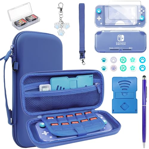 FIWWAT Switch Lite Case 19 in 1 Accessories Bundle with Carrying Case, Switch Lite Protective Case, Travel Game Case with Screen Protector Cover, Humb Grips,Stand,Clear Case for Boys (Navy Blue) von FIWWAT