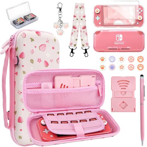 FIWWAT r Nintendo Switch Lite Accessories Bundle with Switch Lite Screen Protector Cover, Switch Lite Carrying Case, Thumb Grips Rouge Pink von FIWWAT