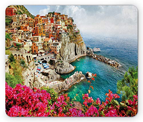 Italien Mauspad, antikes Dorf Monarola in Cinque Terre, Küstenpanorama, Sommerstrand, malerische Aussicht, rechteckiges, rutschfestes Gummi-Mousepad von FJAUOQ
