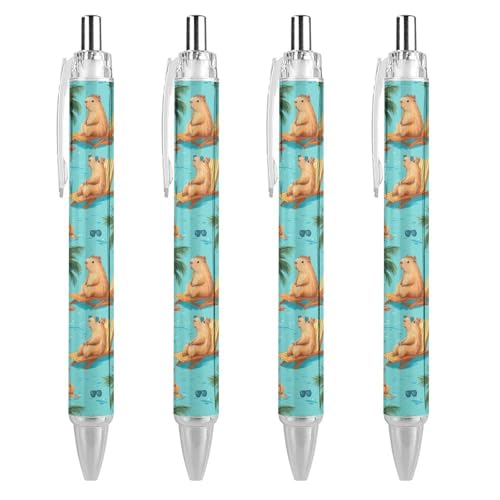 FJQWKLF Niedlicher Capybaras-Strand-Kugelschreiber, einziehbar, blaue Tinte, 0,5 mm feine Spitze, Schreibstift, Bürobedarf, 4 Stück von FJQWKLF