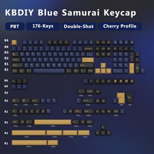 FKRTQIYN KBDIY ISO 7U Schwarz -Weiß -Retro -Doppelaufnahme PBT -Keycap -Set für mechanische Tastaturen MX Switch GMK67 Profil(GMK Blue Samurai) von FKRTQIYN