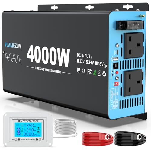 FLAMEZUM Reiner Sinus-Wechselrichter, 4000 W, DC 24 V auf AC 240 V Spannungswandler mit 2 AC-Steckdosen, 3,1 A USB-A, 30 W USB-C-Anschluss, LCD-Fernbedienung, für Wohnmobile, LKWs, Boote, Camping FLAMEZUM Reiner Sinus-Wechselrichter, 4000 W, DC 24 V auf AC 240 V Spannungswandler mit 2 AC-Steckdosen, 3,1 A USB-A, 30 W USB-C-Anschluss, LCD-Fernbedienung, für Wohnmobile, LKWs, Boote, Camping von FLAMEZUM